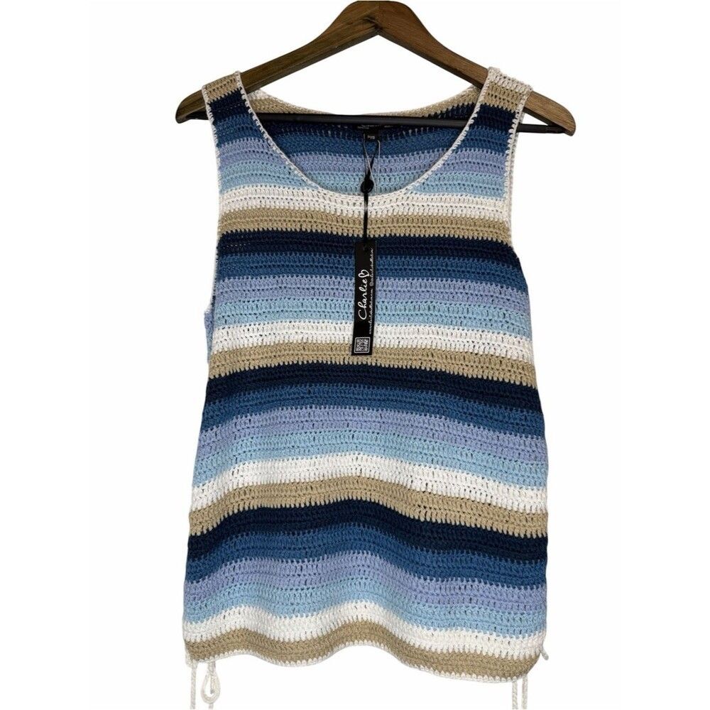 NWT Charlie B Sleeveless Crochet Top w/Side Ties size Small Blue Tan Boho Stripe